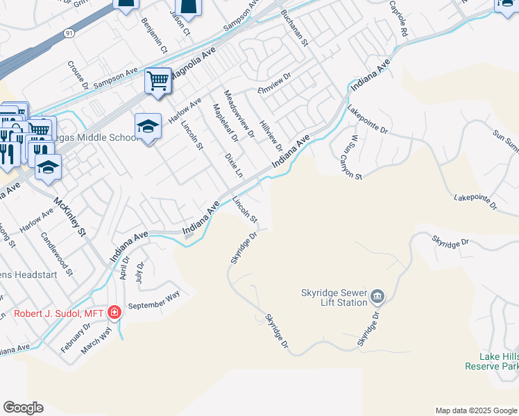 map of restaurants, bars, coffee shops, grocery stores, and more near 3362 Hollowood Court in Riverside