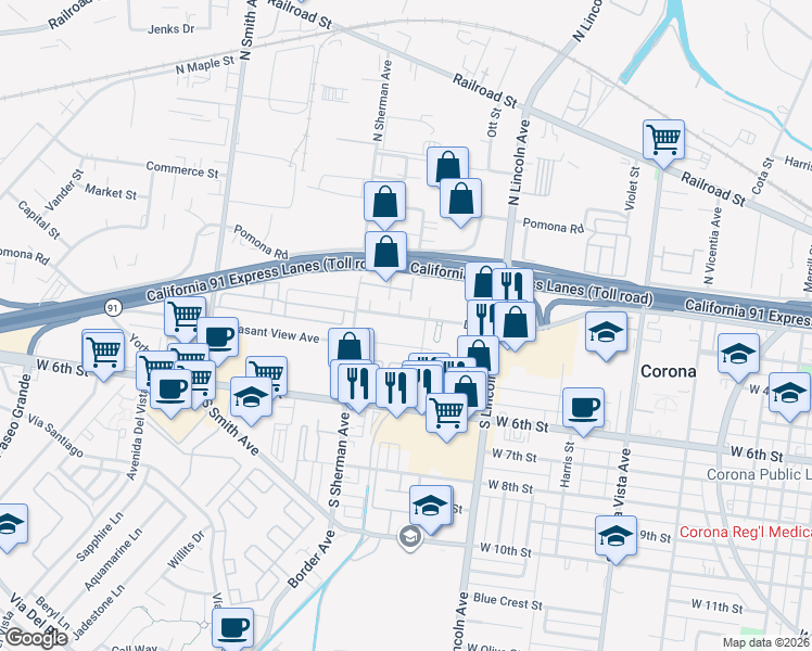 map of restaurants, bars, coffee shops, grocery stores, and more near 1220 D Street in Corona