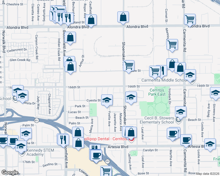 map of restaurants, bars, coffee shops, grocery stores, and more near 16602 Yvette Way in Cerritos