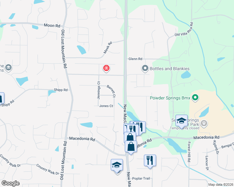map of restaurants, bars, coffee shops, grocery stores, and more near 3015 Barrett Court in Powder Springs