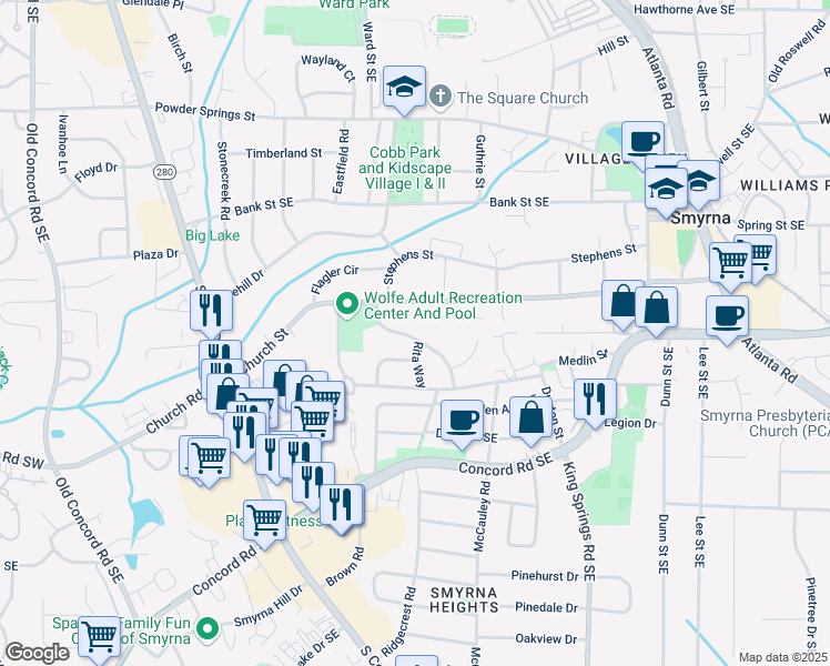 map of restaurants, bars, coffee shops, grocery stores, and more near 3023 Clifton Road in Smyrna