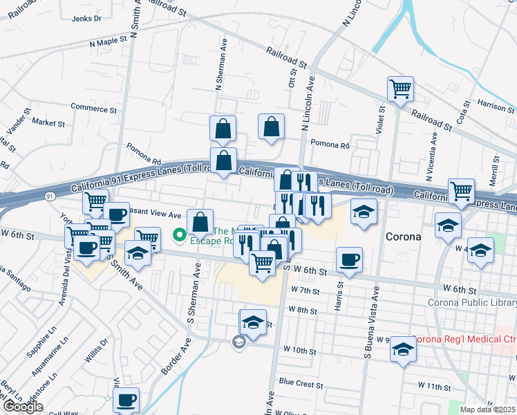 map of restaurants, bars, coffee shops, grocery stores, and more near 320 D Street in Corona