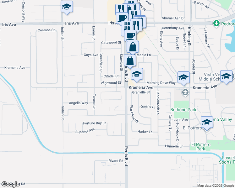 map of restaurants, bars, coffee shops, grocery stores, and more near in Moreno Valley