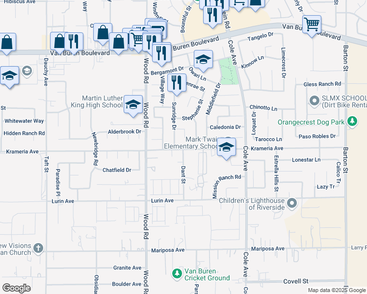 map of restaurants, bars, coffee shops, grocery stores, and more near 9324 Sunridge Drive in Riverside