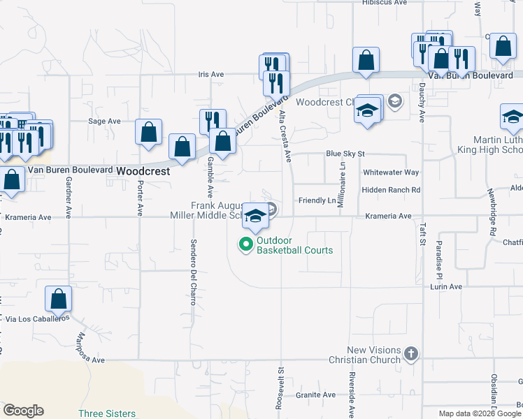 map of restaurants, bars, coffee shops, grocery stores, and more near 17940 Krameria Avenue in Riverside