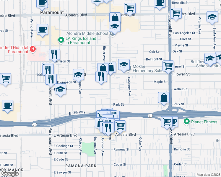 map of restaurants, bars, coffee shops, grocery stores, and more near 3479-3499 East 69th Street in Long Beach