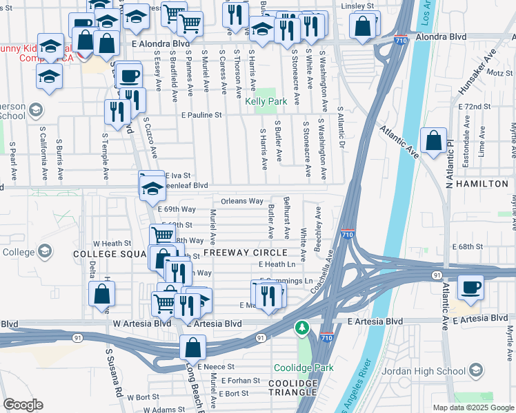 map of restaurants, bars, coffee shops, grocery stores, and more near 243 East 69th Way in Long Beach