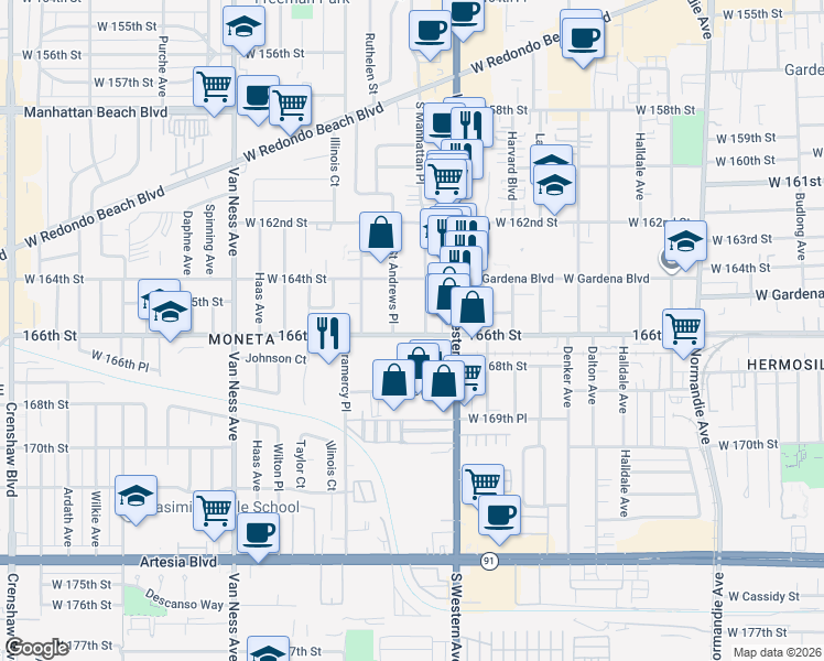 map of restaurants, bars, coffee shops, grocery stores, and more near 1853 166th Street in Gardena