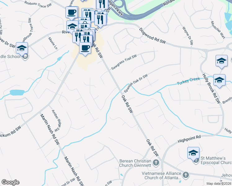 map of restaurants, bars, coffee shops, grocery stores, and more near 3010 Royal Creek Way Southwest in Lilburn