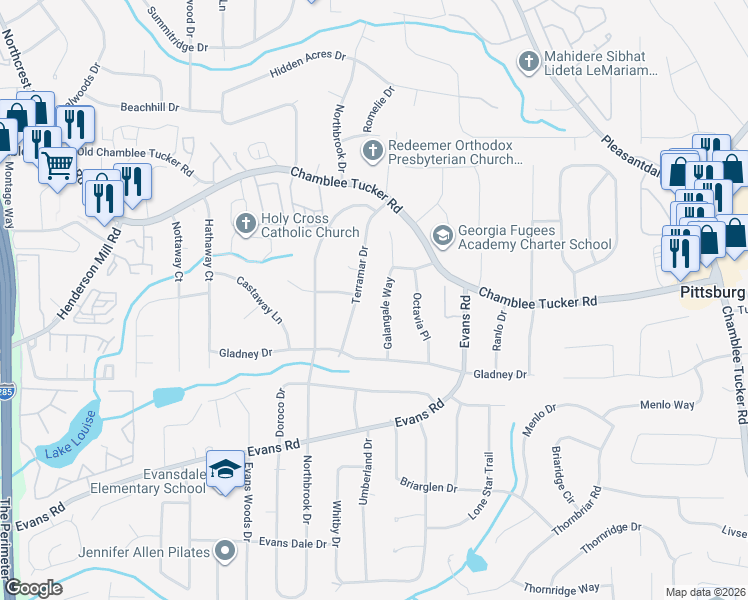 map of restaurants, bars, coffee shops, grocery stores, and more near 3120 Galangale Way in Atlanta