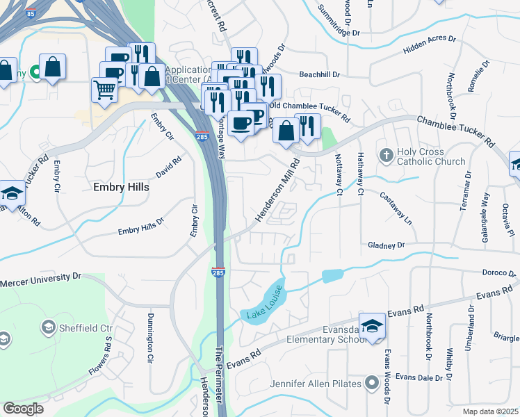 map of restaurants, bars, coffee shops, grocery stores, and more near 3264 Henderson Mill Road in Chamblee