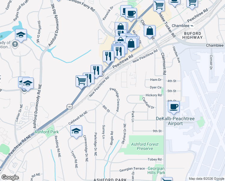 map of restaurants, bars, coffee shops, grocery stores, and more near 3140 Parkridge Crescent in Chamblee