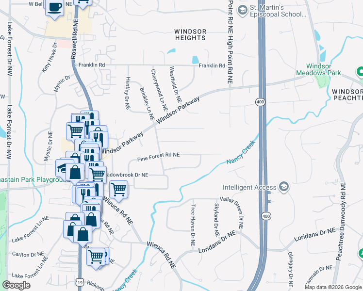 map of restaurants, bars, coffee shops, grocery stores, and more near 470 Brookfield Drive Northeast in Sandy Springs
