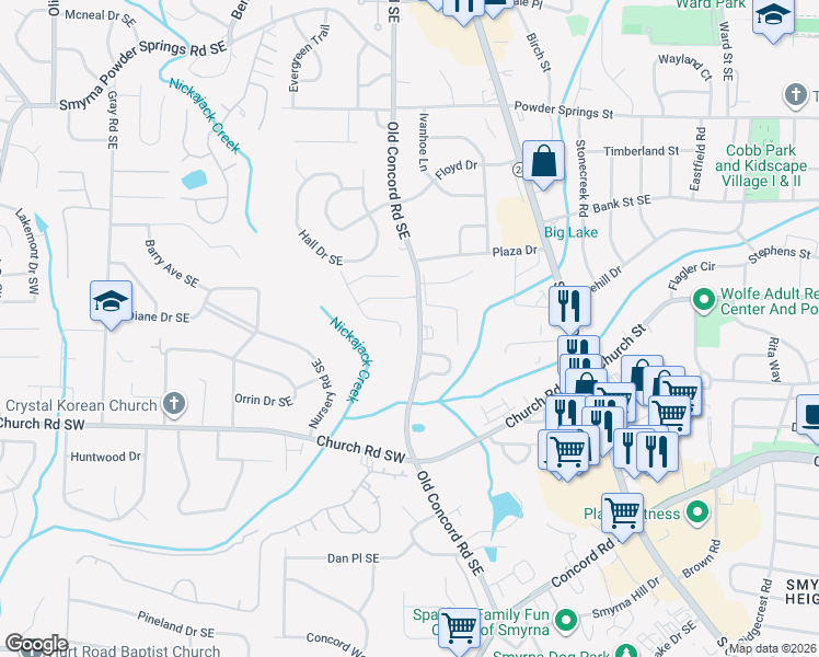 map of restaurants, bars, coffee shops, grocery stores, and more near 1397 Poplar Pointe in Smyrna