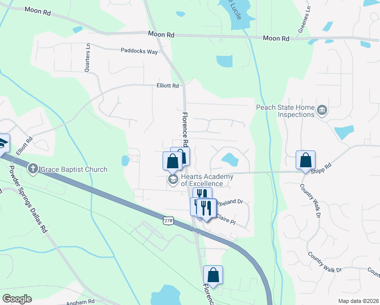 map of restaurants, bars, coffee shops, grocery stores, and more near 3040 Hopeland Drive in Powder Springs