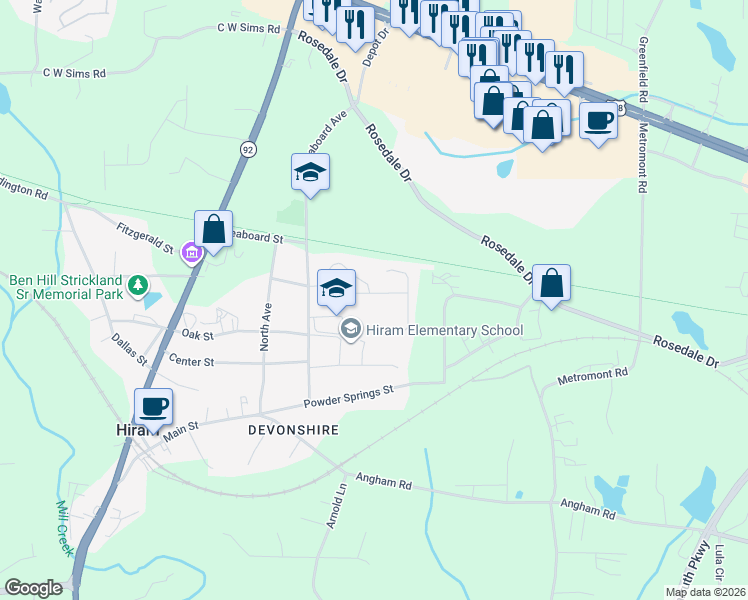 map of restaurants, bars, coffee shops, grocery stores, and more near 144 Trailside Way in Hiram