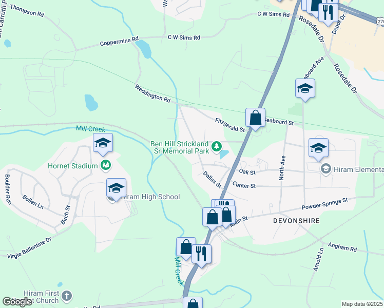 map of restaurants, bars, coffee shops, grocery stores, and more near 359 Dallas Street in Hiram