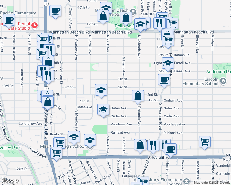 map of restaurants, bars, coffee shops, grocery stores, and more near 1531 2nd Street in Manhattan Beach