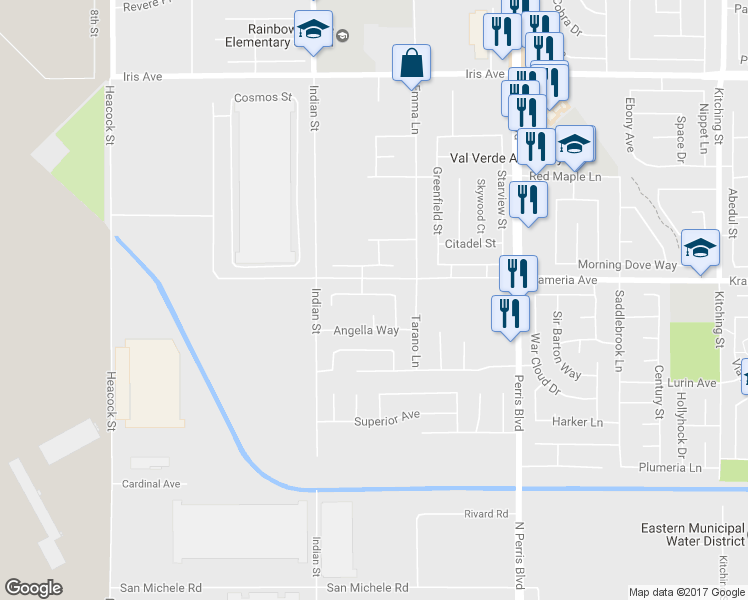 map of restaurants, bars, coffee shops, grocery stores, and more near 24625 Polaris Drive in Moreno Valley