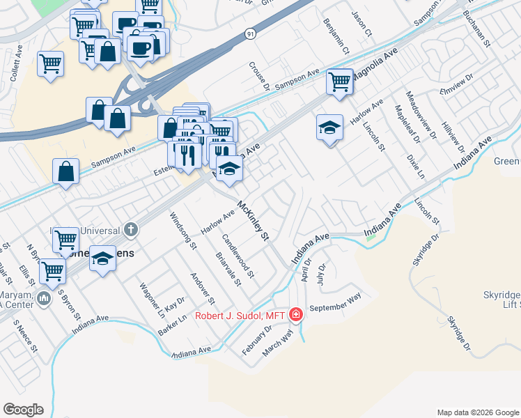 map of restaurants, bars, coffee shops, grocery stores, and more near 13099 Reindeer Court in Riverside