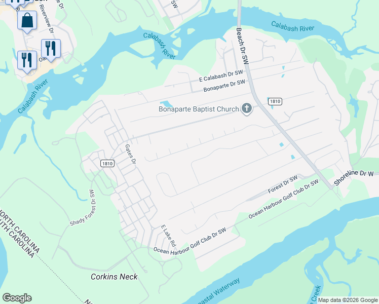 map of restaurants, bars, coffee shops, grocery stores, and more near 9181 Landing Drive Southwest in Calabash
