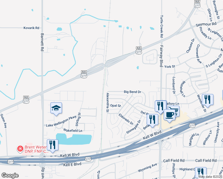 map of restaurants, bars, coffee shops, grocery stores, and more near 4928 Big Bend Drive in Wichita Falls