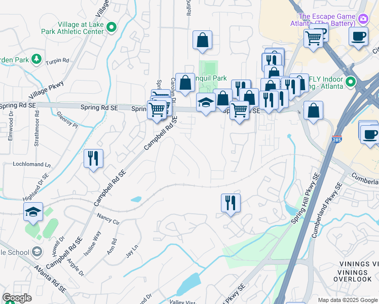map of restaurants, bars, coffee shops, grocery stores, and more near 1211 Bickham Way Southeast in Smyrna