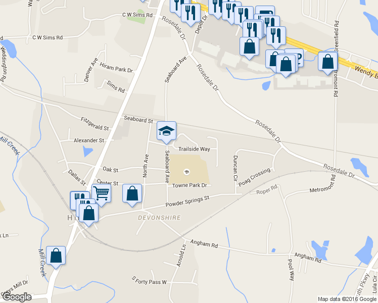 map of restaurants, bars, coffee shops, grocery stores, and more near 86 Trailside Way in Hiram