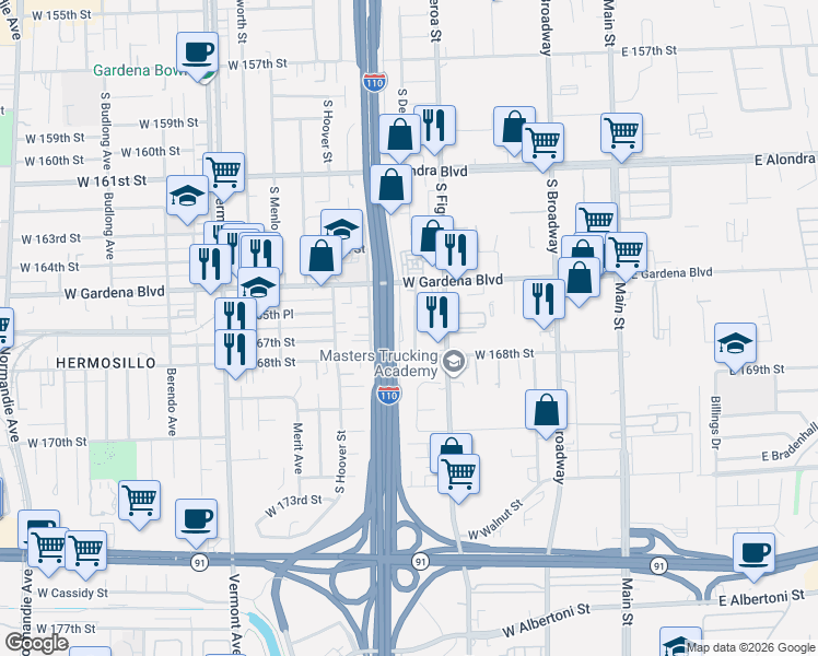 map of restaurants, bars, coffee shops, grocery stores, and more near 16615 South Denver Avenue in Gardena