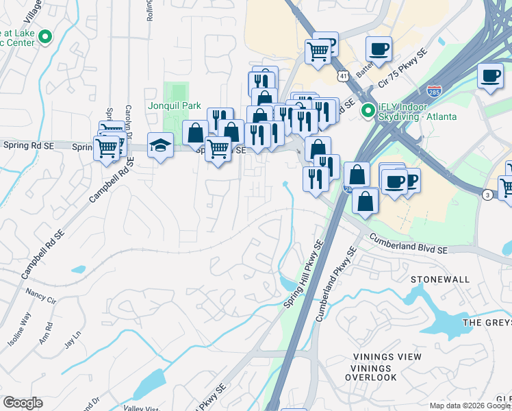 map of restaurants, bars, coffee shops, grocery stores, and more near 2625 Blackburn Court Southeast in Smyrna