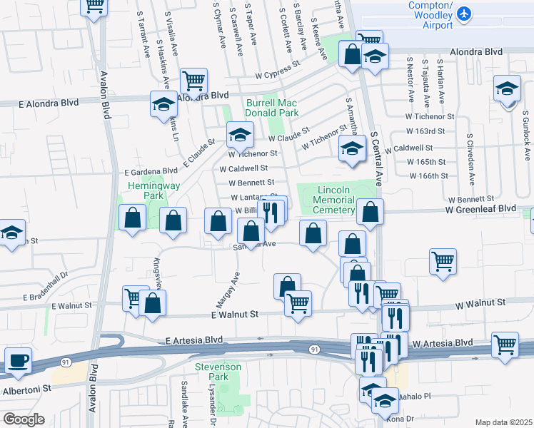map of restaurants, bars, coffee shops, grocery stores, and more near 2634 West Billings Street in Compton