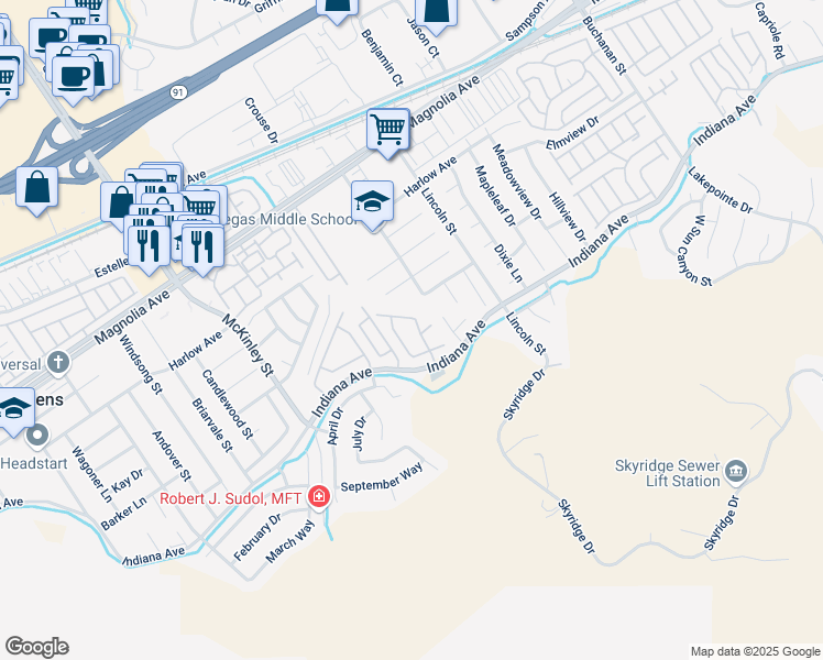 map of restaurants, bars, coffee shops, grocery stores, and more near 3478 November Drive in Riverside