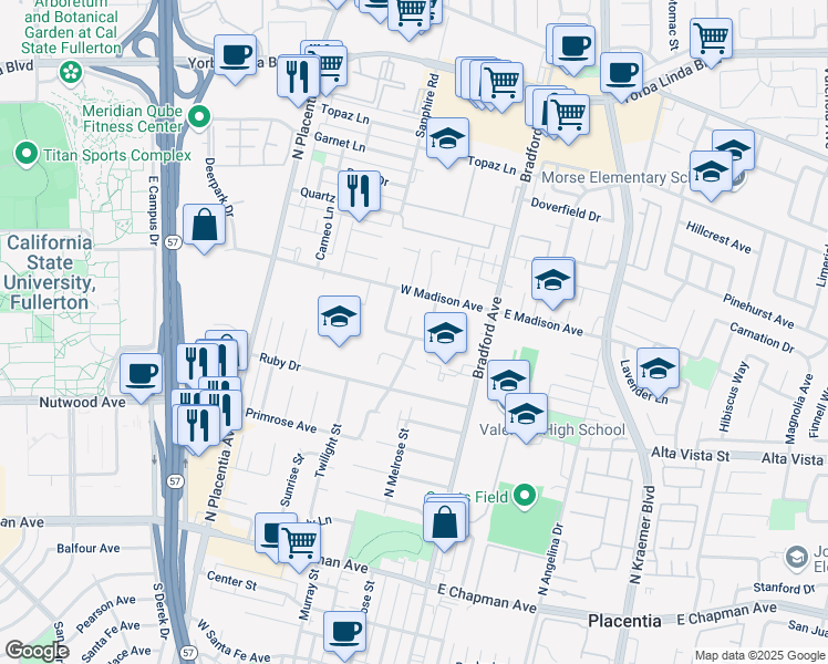 map of restaurants, bars, coffee shops, grocery stores, and more near 904 Jade Circle in Placentia
