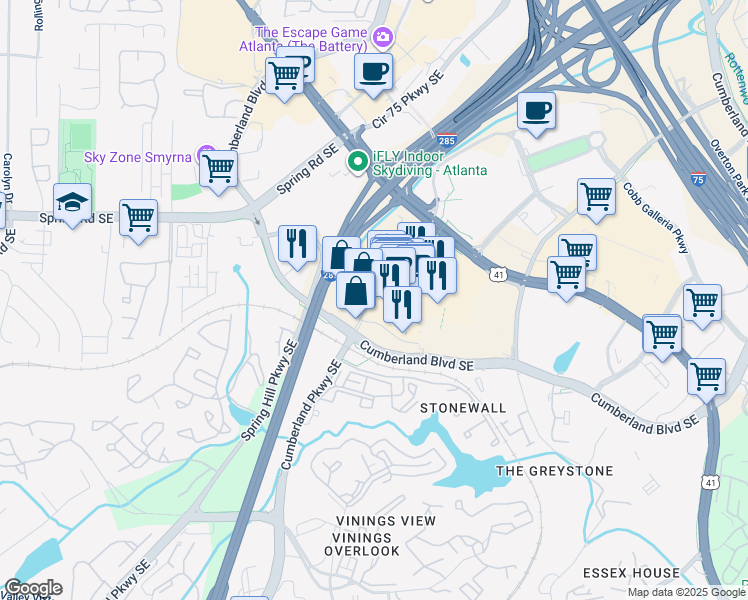 map of restaurants, bars, coffee shops, grocery stores, and more near Cumberland Mall in Atlanta