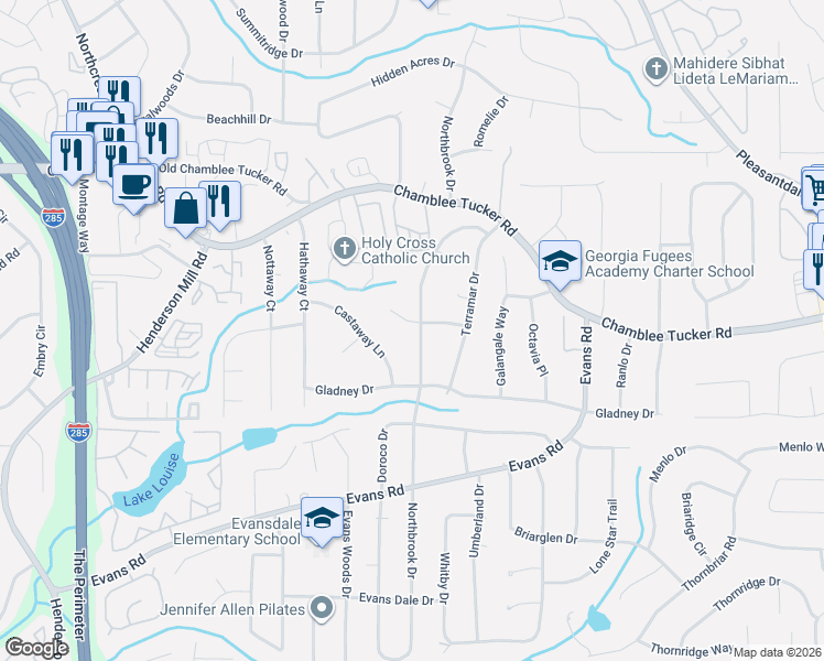 map of restaurants, bars, coffee shops, grocery stores, and more near 3126 Northbrook Drive in Atlanta