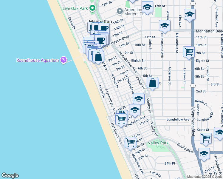 map of restaurants, bars, coffee shops, grocery stores, and more near 221 4th Place in Manhattan Beach