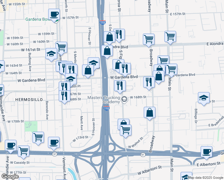 map of restaurants, bars, coffee shops, grocery stores, and more near 16619 South Denver Avenue in Gardena