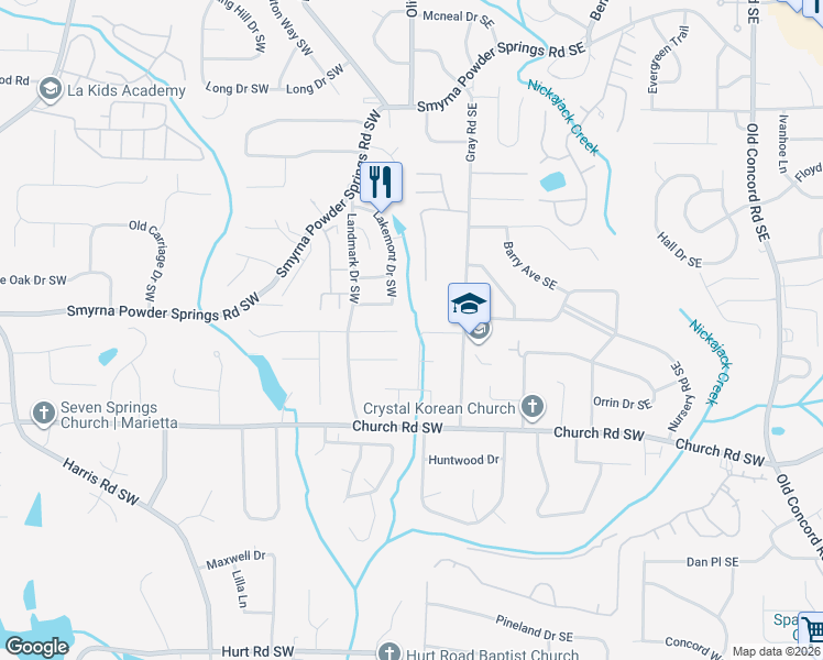 map of restaurants, bars, coffee shops, grocery stores, and more near 66 Winward Way Southeast in Smyrna