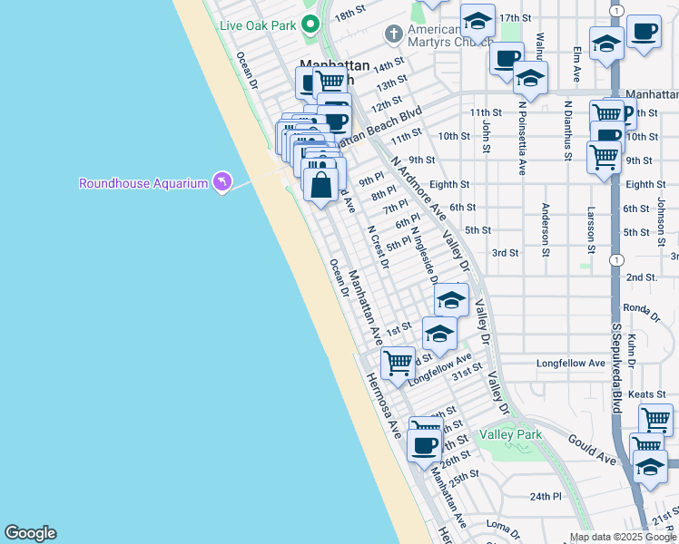 map of restaurants, bars, coffee shops, grocery stores, and more near 116 5th Place in Manhattan Beach