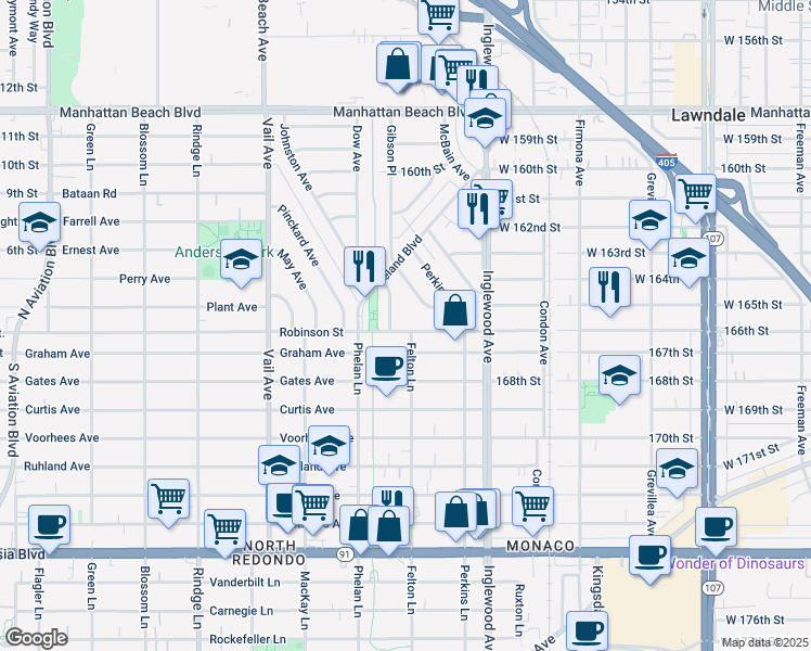 map of restaurants, bars, coffee shops, grocery stores, and more near 2605 Robinson Street in Redondo Beach