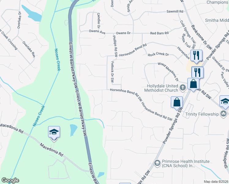 map of restaurants, bars, coffee shops, grocery stores, and more near 3077 Saragossa Way Southwest in Marietta