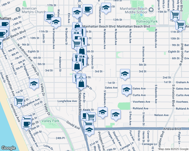 map of restaurants, bars, coffee shops, grocery stores, and more near 1207 2nd Street in Manhattan Beach