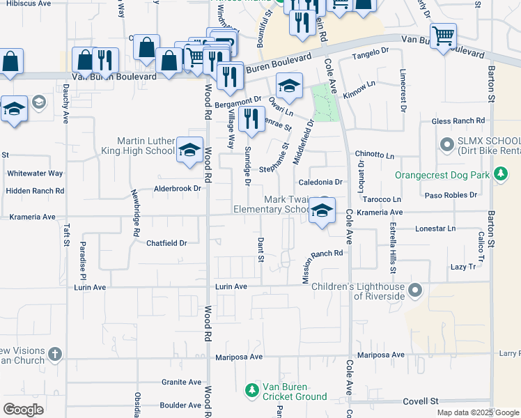 map of restaurants, bars, coffee shops, grocery stores, and more near 9324 Sunridge Drive in Riverside