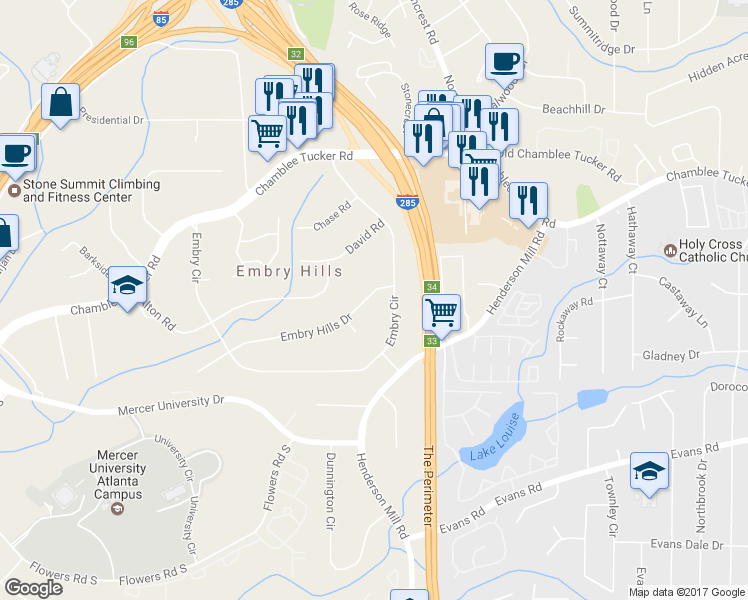 map of restaurants, bars, coffee shops, grocery stores, and more near 3337 Embry Hills Drive in Chamblee