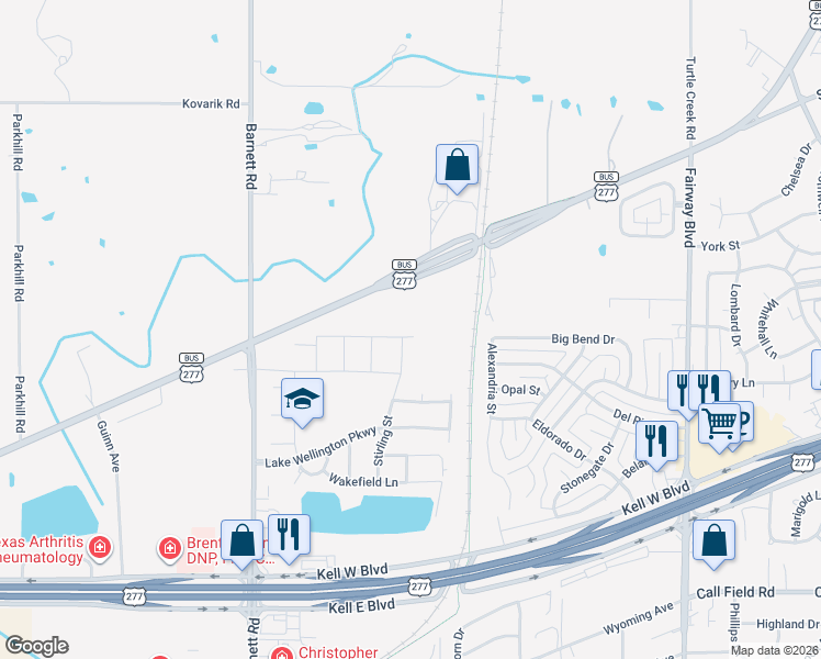 map of restaurants, bars, coffee shops, grocery stores, and more near 5114 Cathedral Drive in Wichita Falls