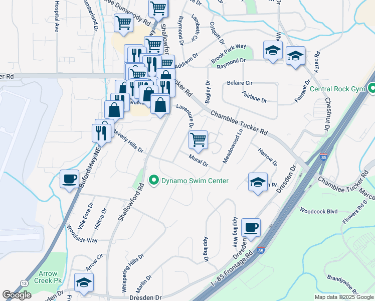 map of restaurants, bars, coffee shops, grocery stores, and more near 2564 Mural Drive in Chamblee