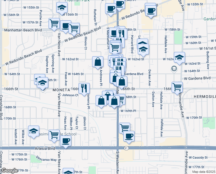 map of restaurants, bars, coffee shops, grocery stores, and more near 1853 166th Street in Gardena