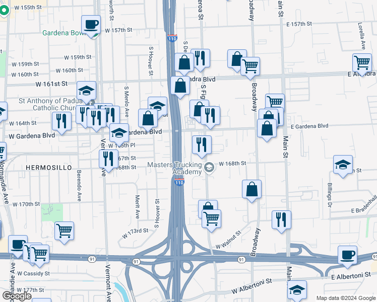 map of restaurants, bars, coffee shops, grocery stores, and more near 16619 South Denver Avenue in Gardena