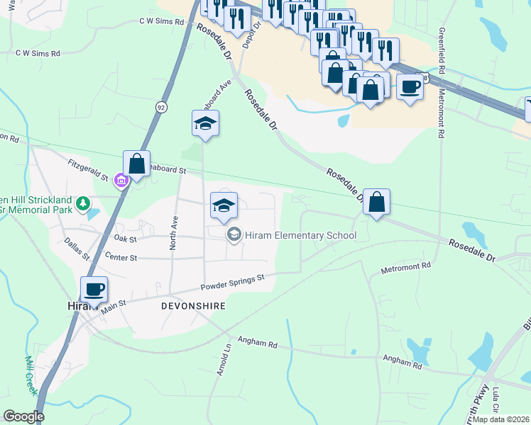 map of restaurants, bars, coffee shops, grocery stores, and more near 192 Trailside Way in Hiram