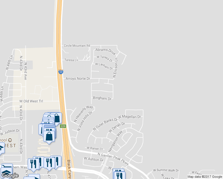 map of restaurants, bars, coffee shops, grocery stores, and more near 3722 West Aracely Drive in New River